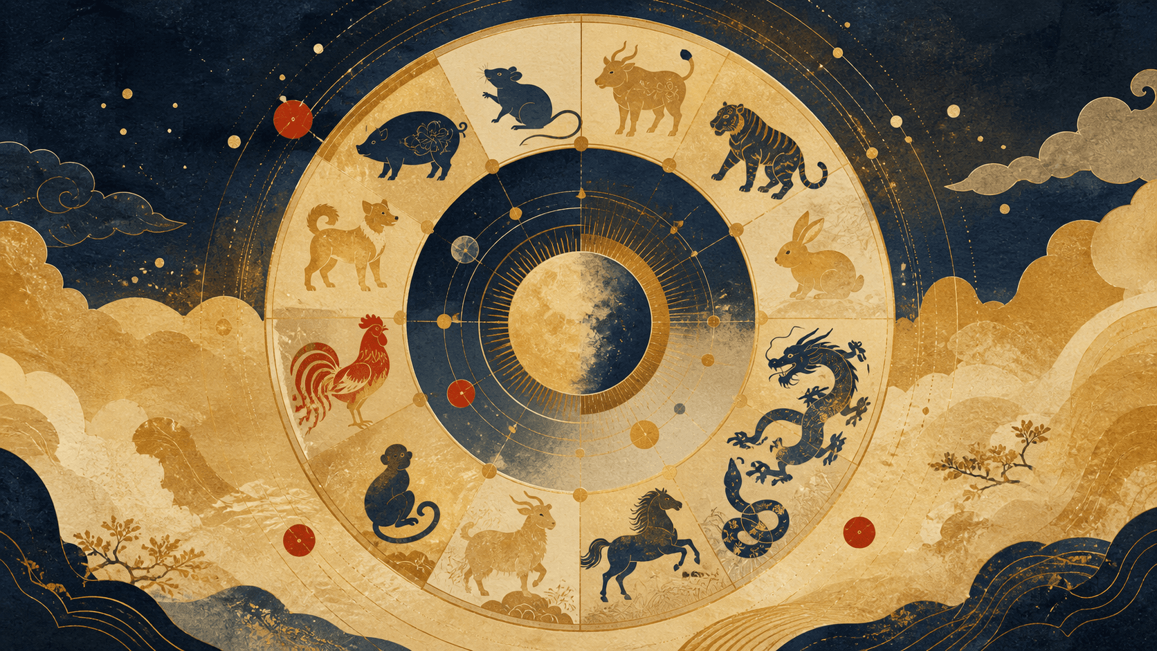 深靛藍與赭金紙藝風格背景上,十二種生肖動物環繞抽象日月圓盤