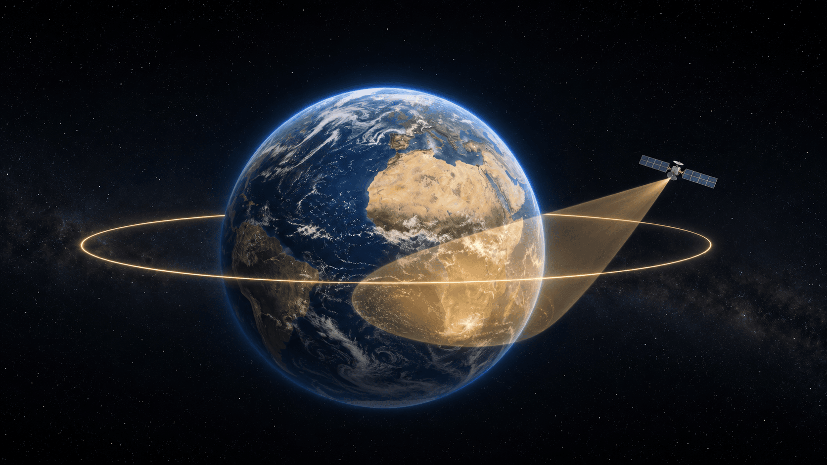 地球全景外側有一顆無標誌衛星沿赤道光環運行,觀測光束持續覆蓋同一區域
