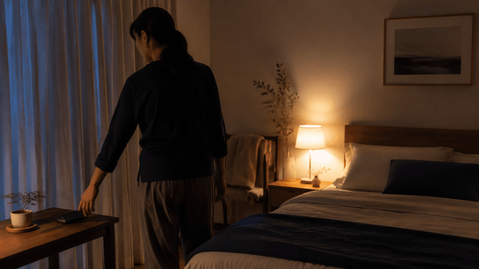 夜晚的安靜臥室中,一名成人背對鏡頭把無品牌手機螢幕朝下放在離床較遠的桌上