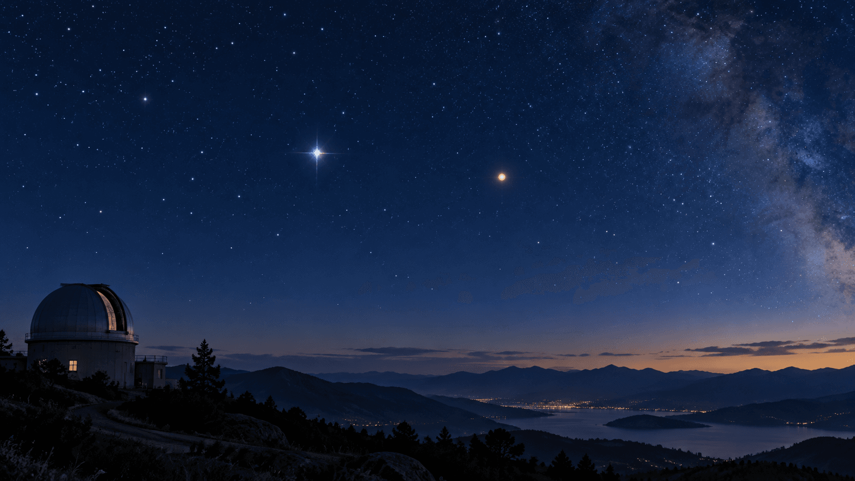 原創夜空插畫:山區天文台上方,一顆星呈現細微彩色閃光,旁邊一個暖色光點較穩定