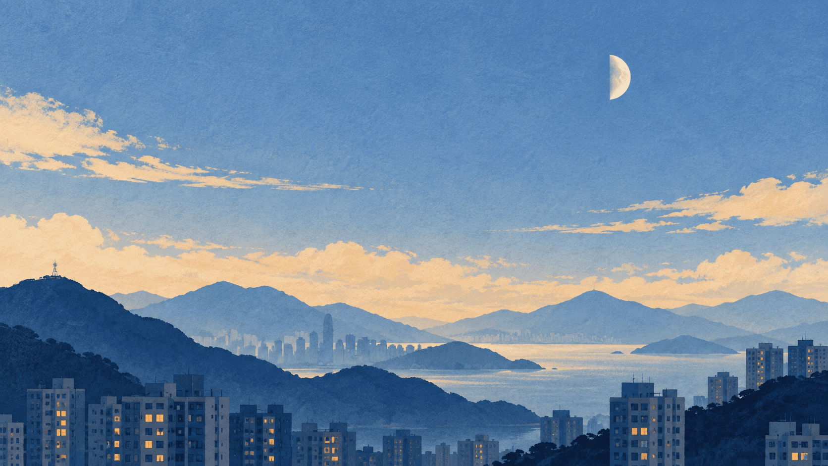 藍色天空中的半月,下方是層疊山巒、海灣與城市樓宇的原創插畫