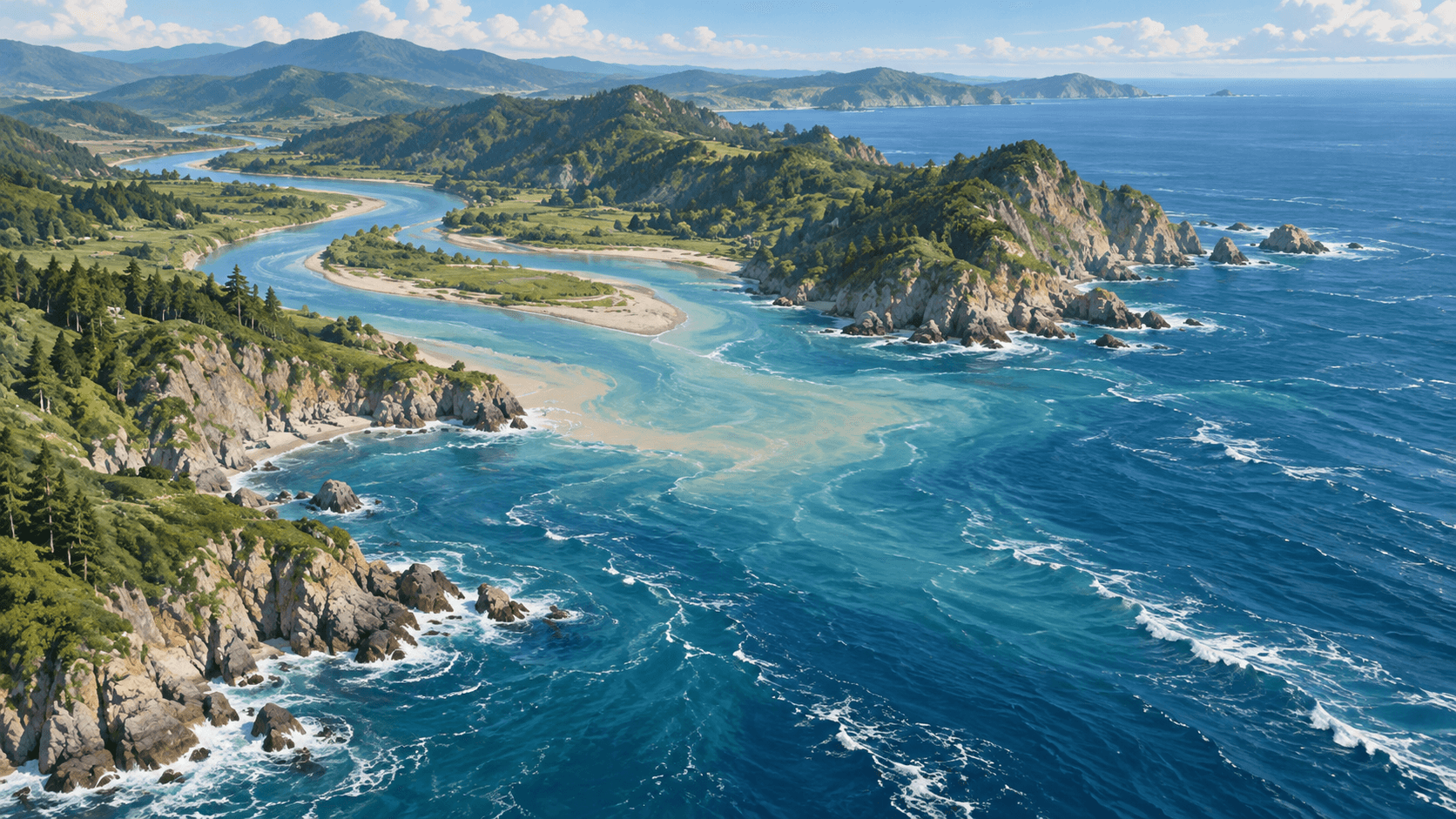 原創海岸插畫:蜿蜒河流穿過綠色岩岸流入藍色海洋,河口與海浪位於畫面中央