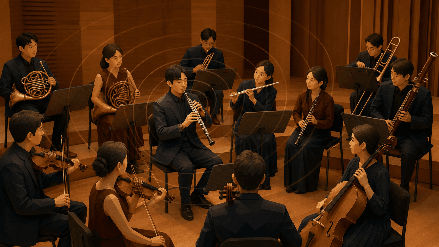 暖色音樂廳舞臺上,雙簧管首席吹奏定音長音,周圍弦樂與管樂演奏者專注校準樂器