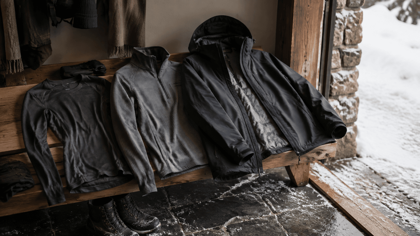一套冬季服裝分成貼身、中層與防風外層懸掛展示,背景為寒冷戶外