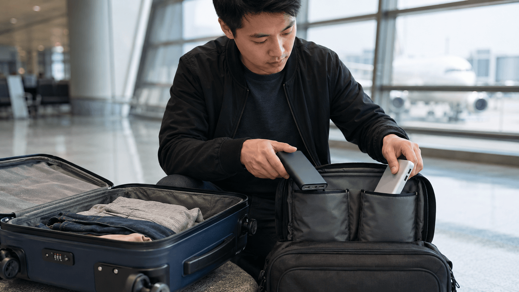 旅客在登機前把行動電源從託運箱取出,放進有端子保護的隨身袋
