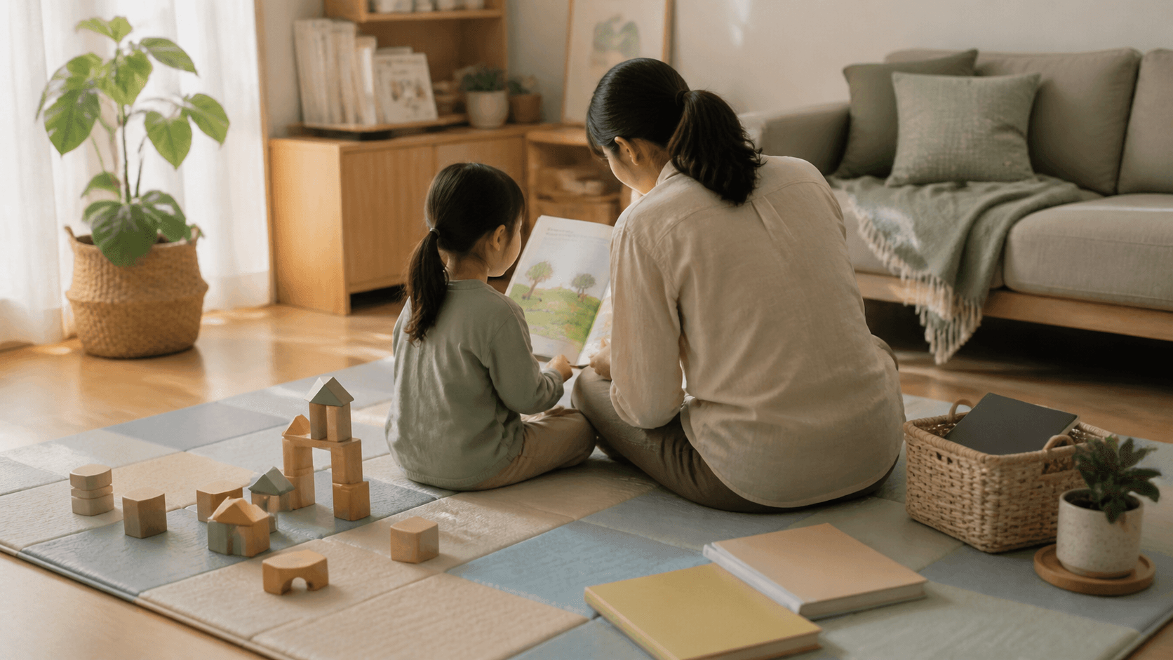 照顧者與學齡前孩子背對鏡頭坐在客廳共讀,旁有積木、無字繪本與收在籃中的無品牌平板