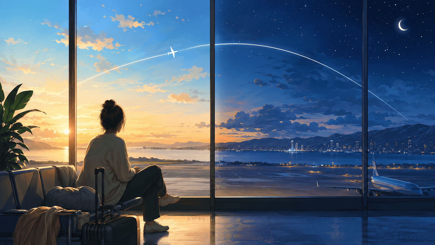 旅客站在機場窗邊,晨光與夜色分隔畫面並以時區弧線連接