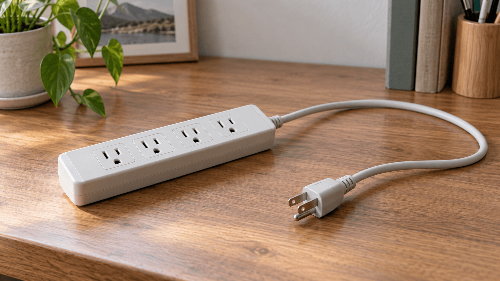 未插電的延長線與家用電器放在桌上
