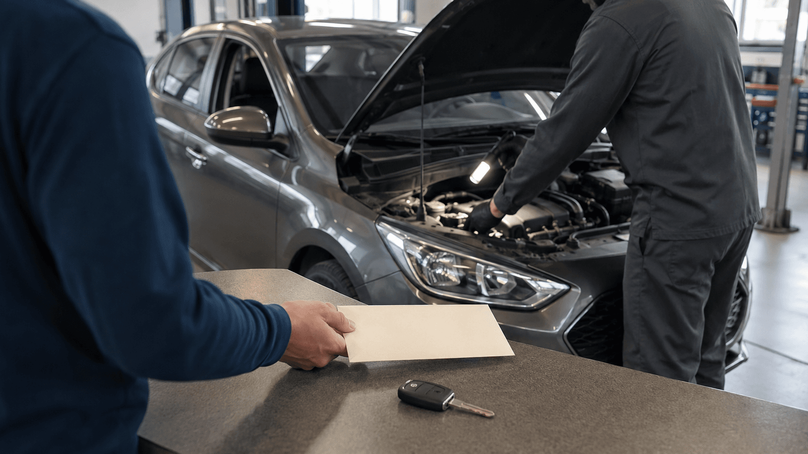 無品牌汽車停在明亮維修工位,技師檢查引擎室,車主在櫃檯遞出空白通知信封與車鑰匙
