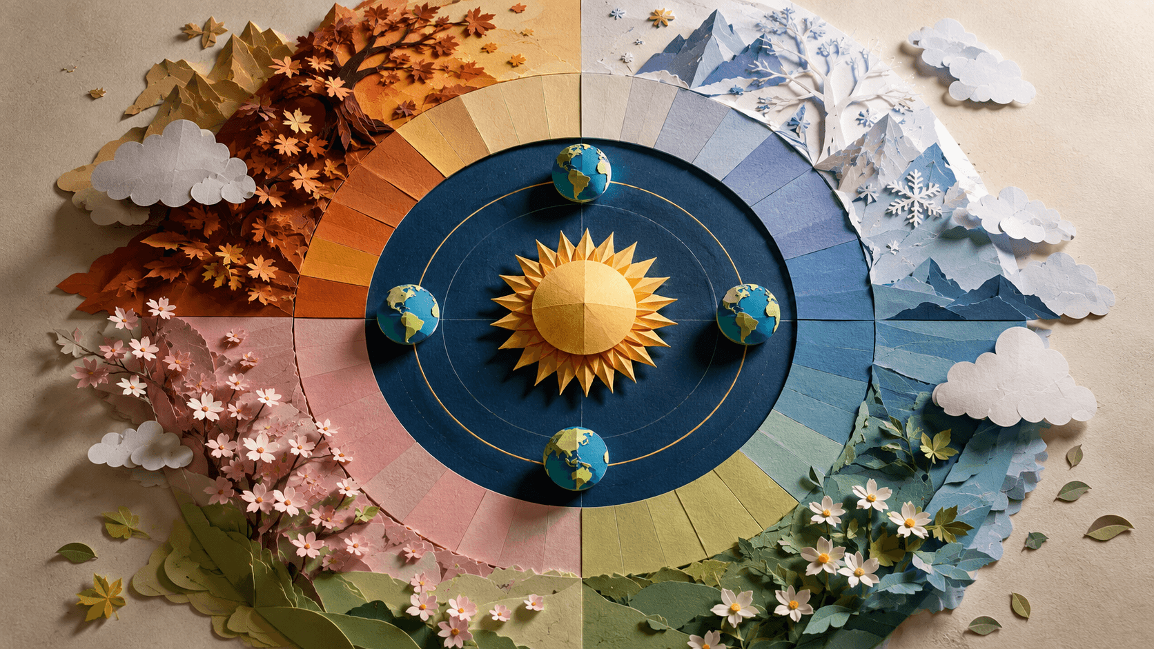 抽象天文場景中,太陽、地球軌道與二十四等分的季節色帶構成圓形時間刻度