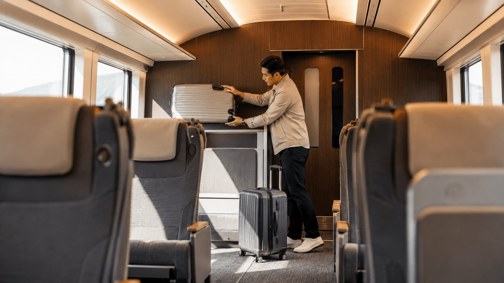 旅客在無品牌現代城際列車中把大型行李妥善放入末排座椅後方空間