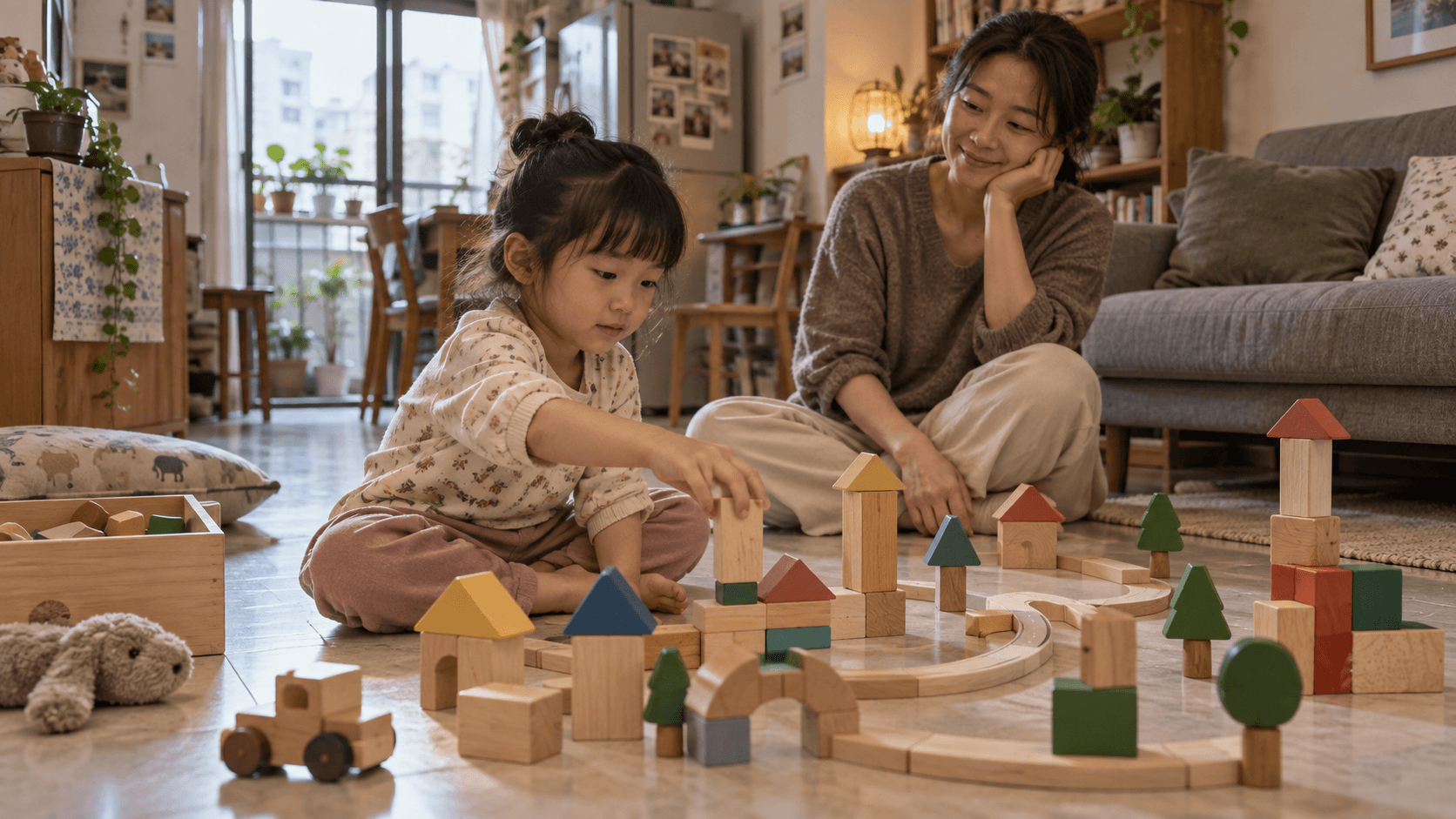 孩子在安全的室內空間使用簡單材料遊戲