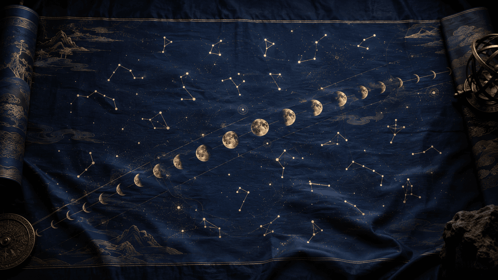 深藍古典星空中,月亮沿著二十八組抽象星點移動,四方以低調神獸色彩區分