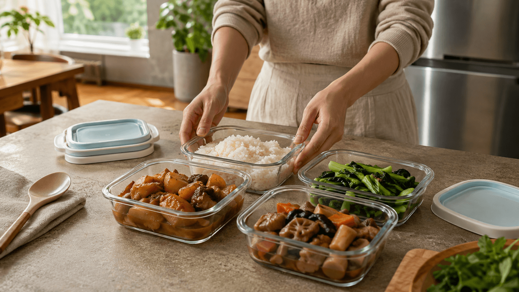 居家廚房內有人把白飯、蔬菜和燉煮食物分裝到數個無品牌淺型玻璃盒