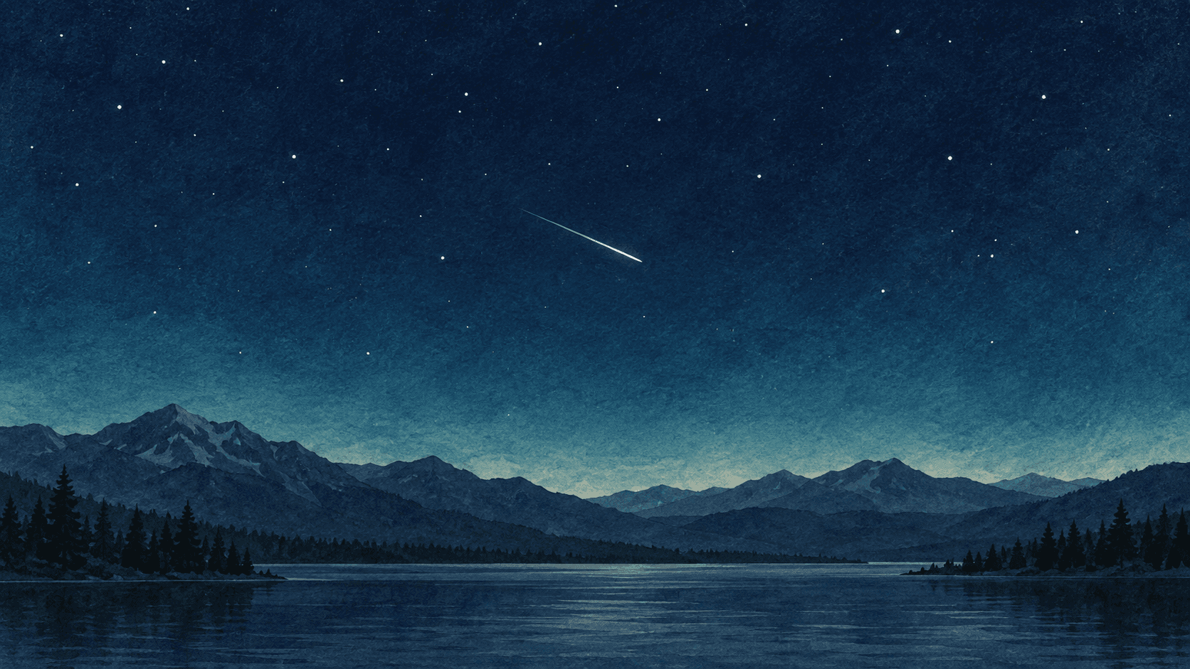 靛藍星空中一道細白流星光跡劃過,遠處山稜呈深色剪影的原創插畫