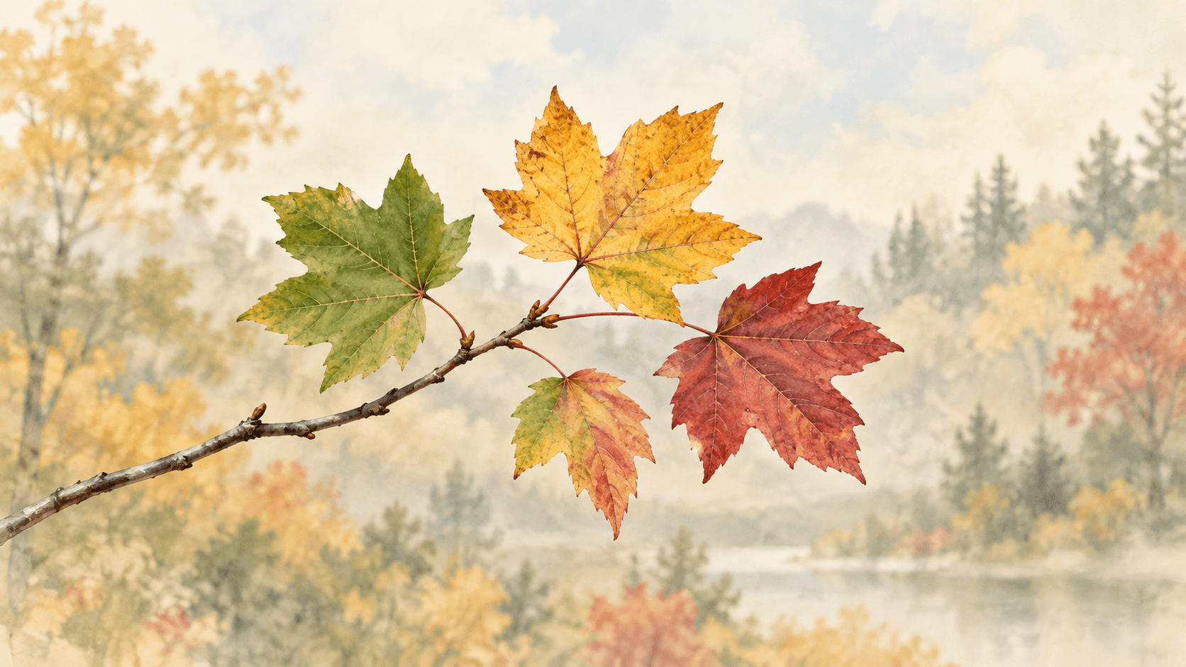原創植物插畫:一段枝條上的綠色、金黃色與紅色葉片,背景為柔和的秋日林地