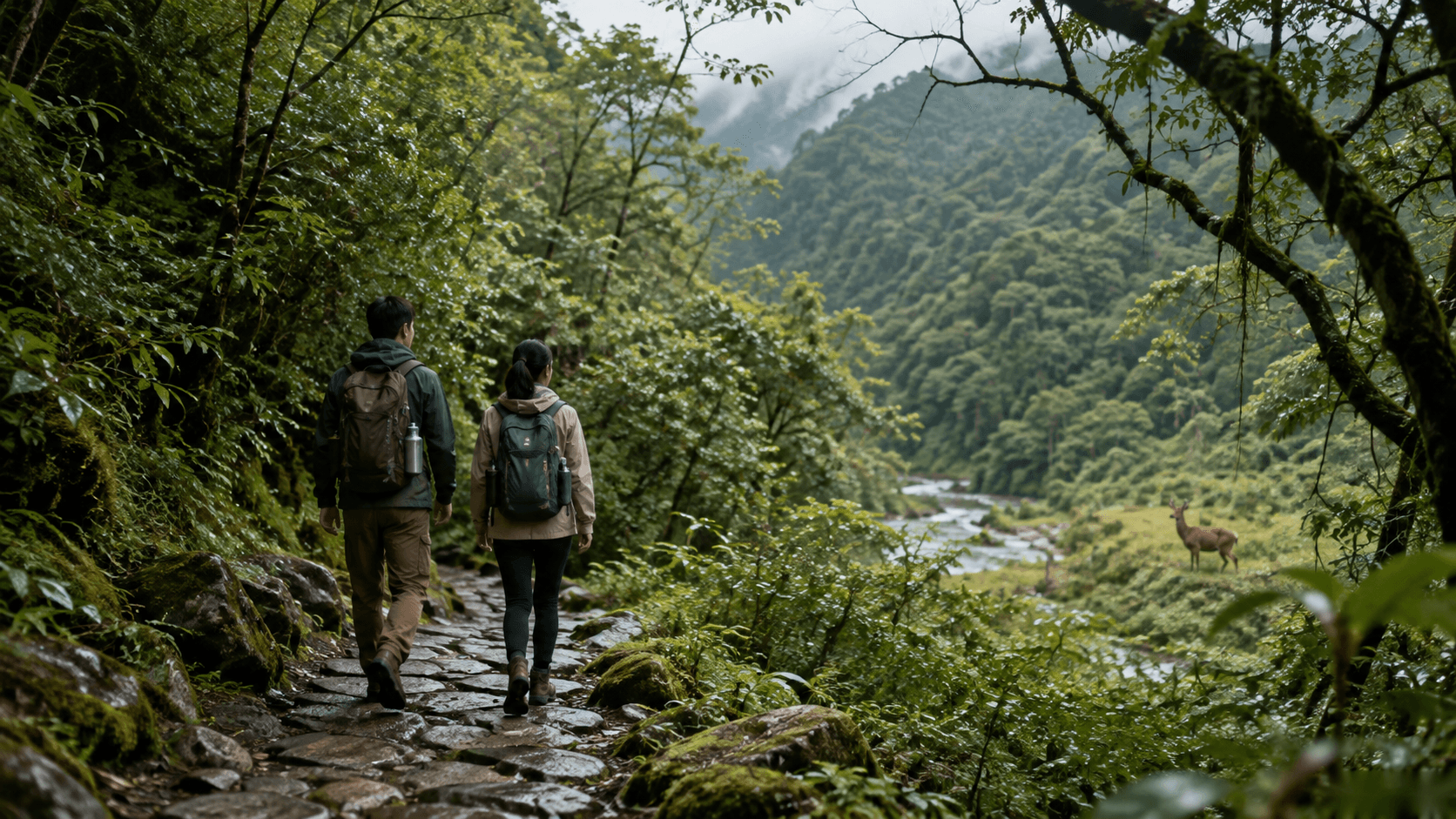 兩名旅人在臺灣濕潤森林的既有石徑前行,遠處野生鹿隻與旅人保持距離