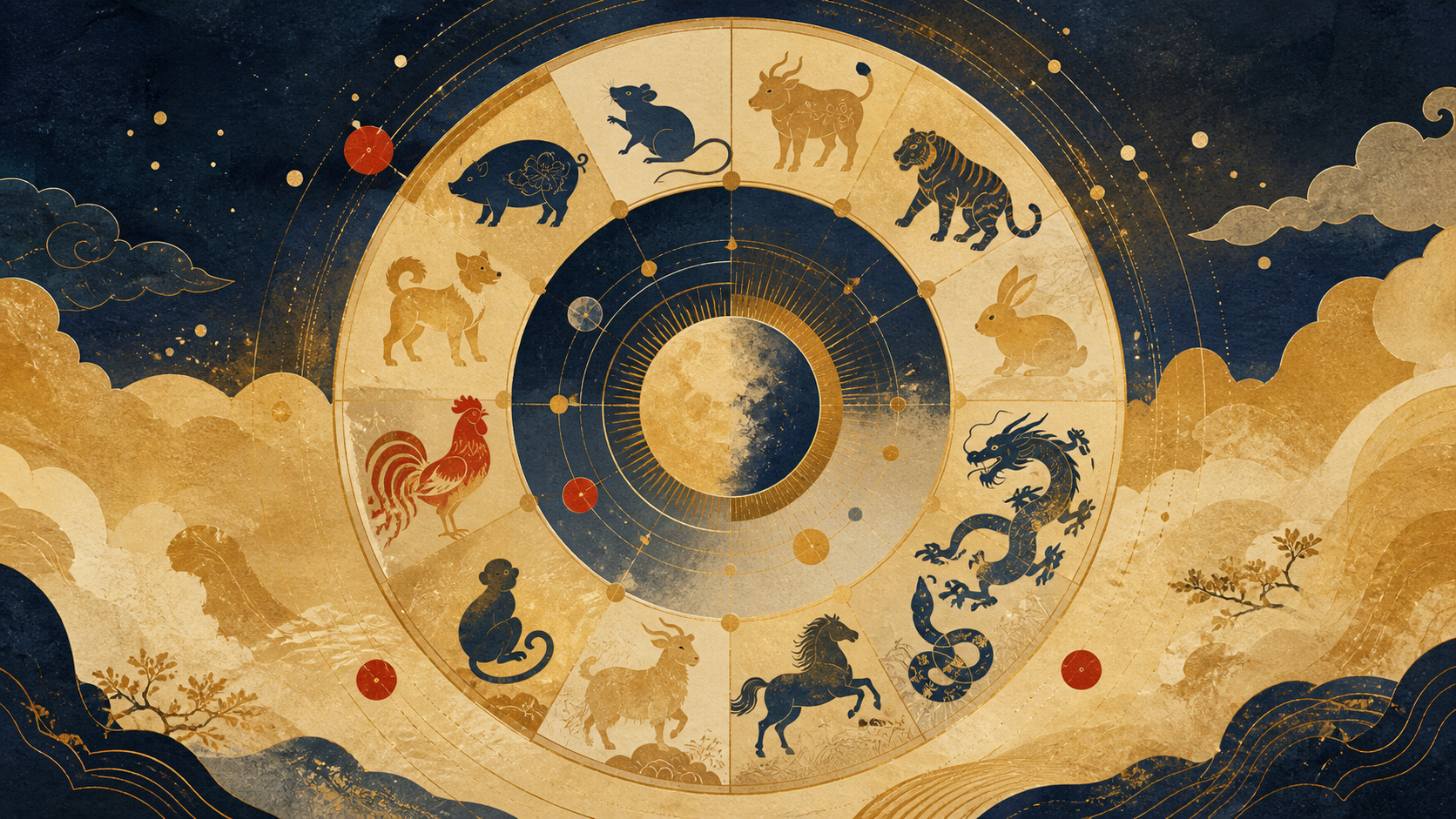 深靛藍與赭金紙藝風格背景上,十二種生肖動物環繞抽象日月圓盤