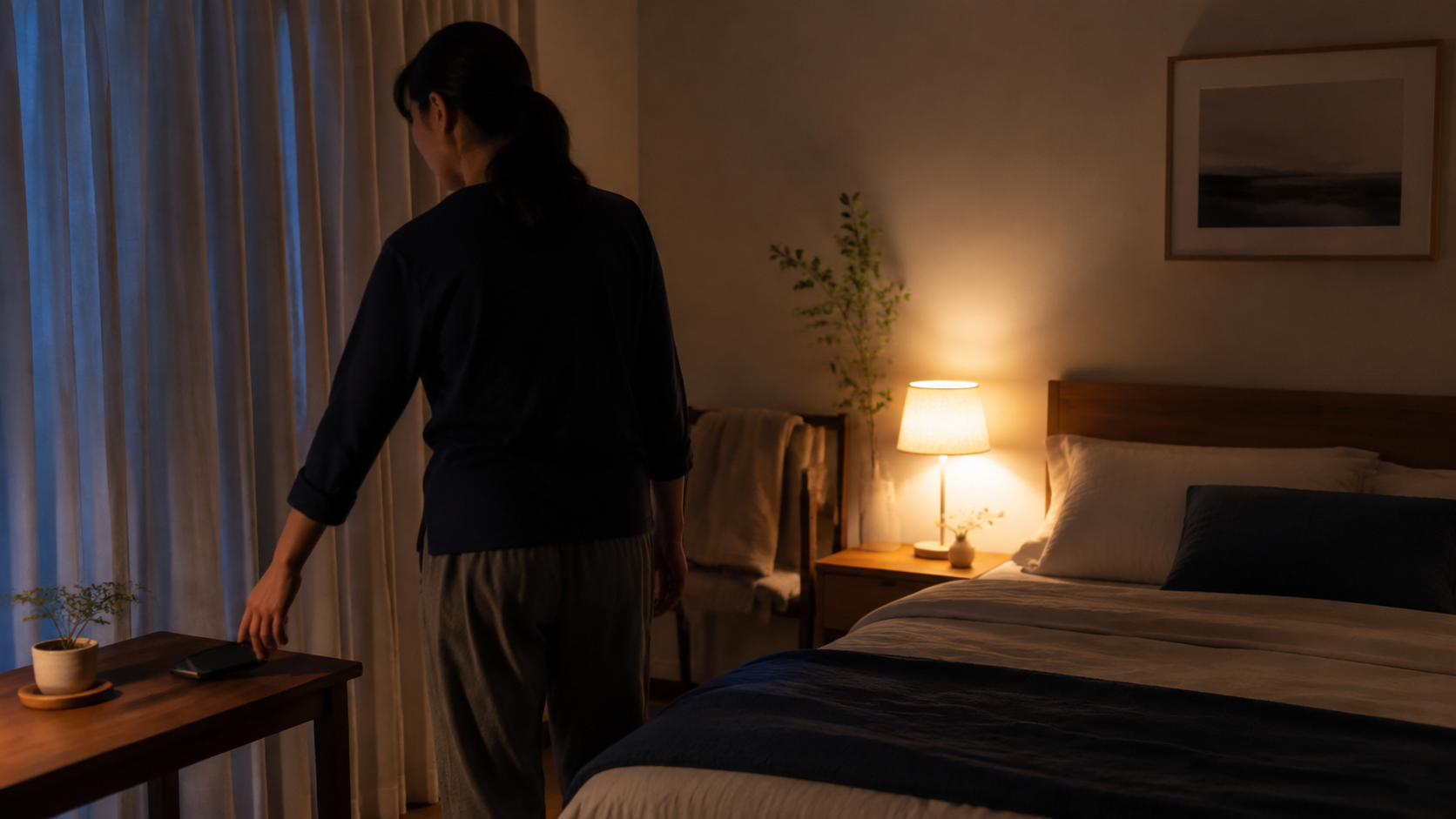 夜晚的安靜臥室中，一名成人背對鏡頭把無品牌手機螢幕朝下放在離床較遠的桌上