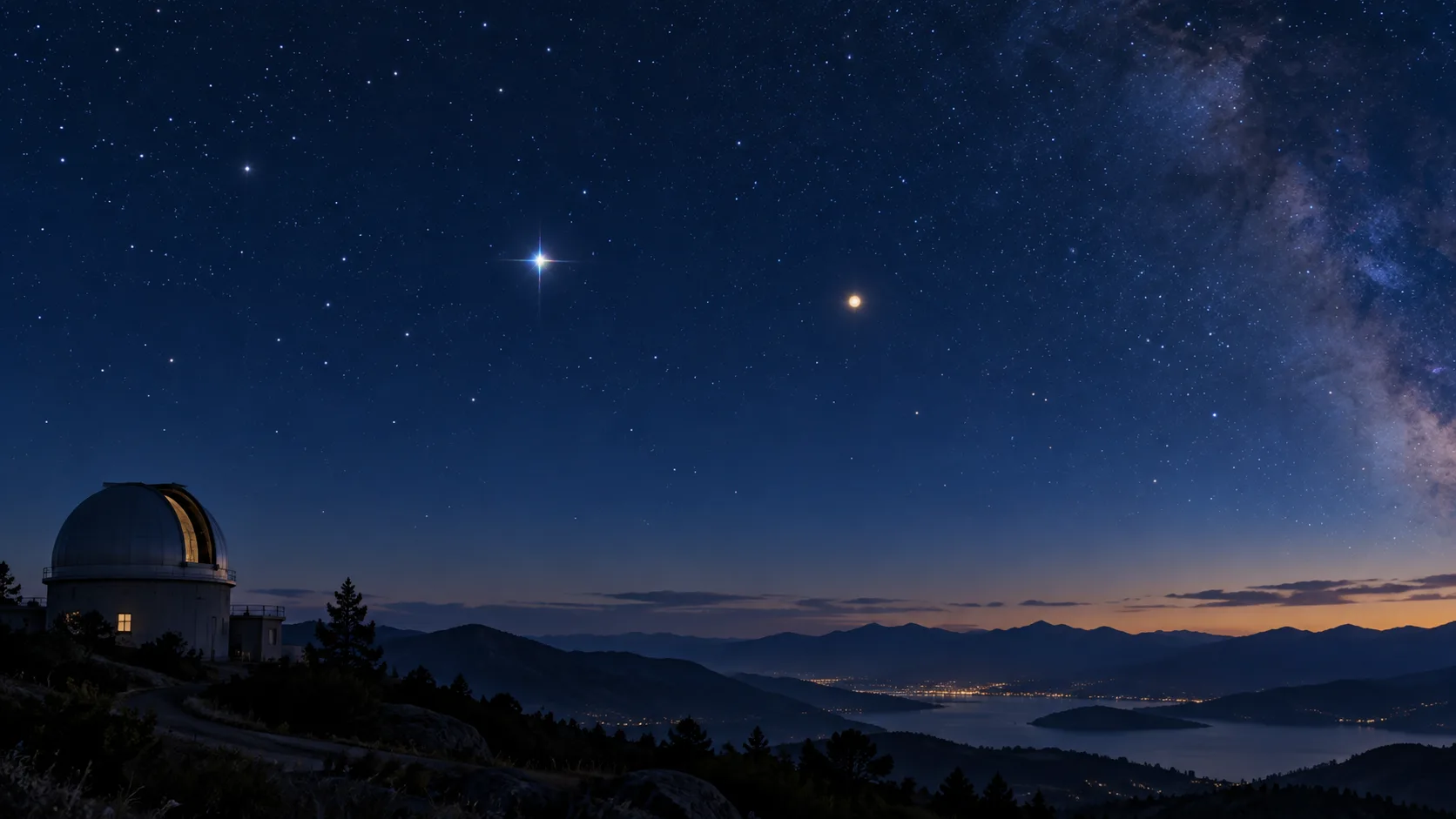 原創夜空插畫:山區天文台上方,一顆星呈現細微彩色閃光,旁邊一個暖色光點較穩定