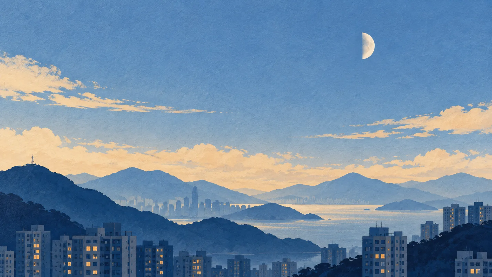 藍色天空中的半月，下方是層疊山巒、海灣與城市樓宇的原創插畫
