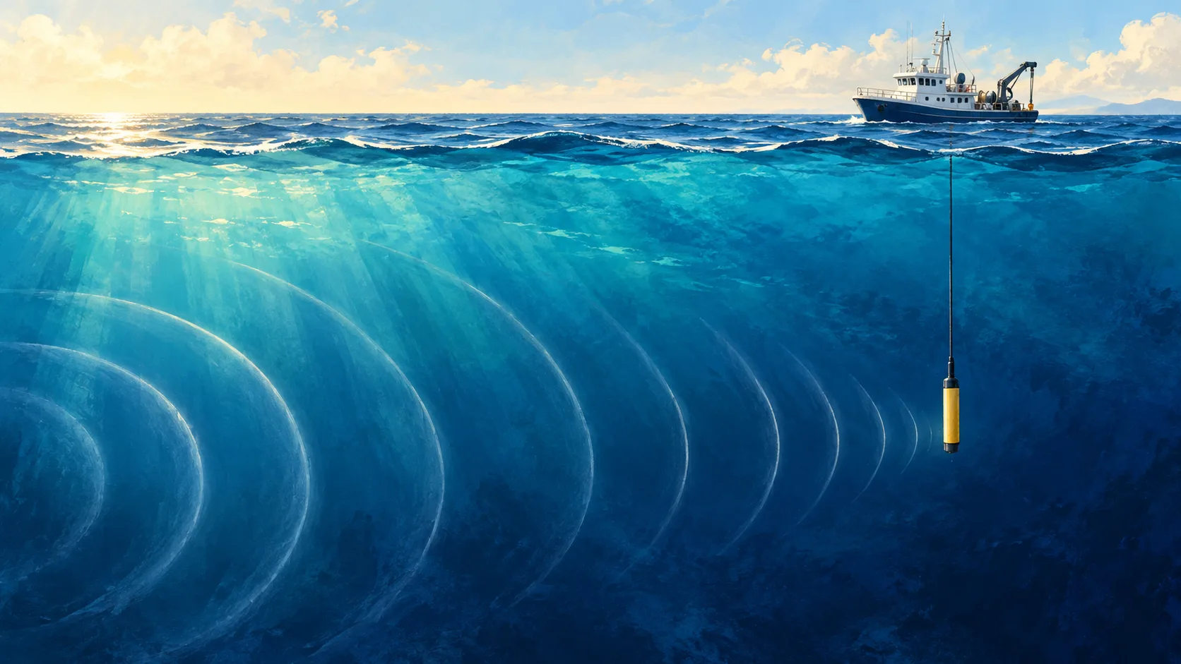 海面研究船放下黃色水聽器的原創插畫；水中弧線是聲波意象，並非按量測比例繪製