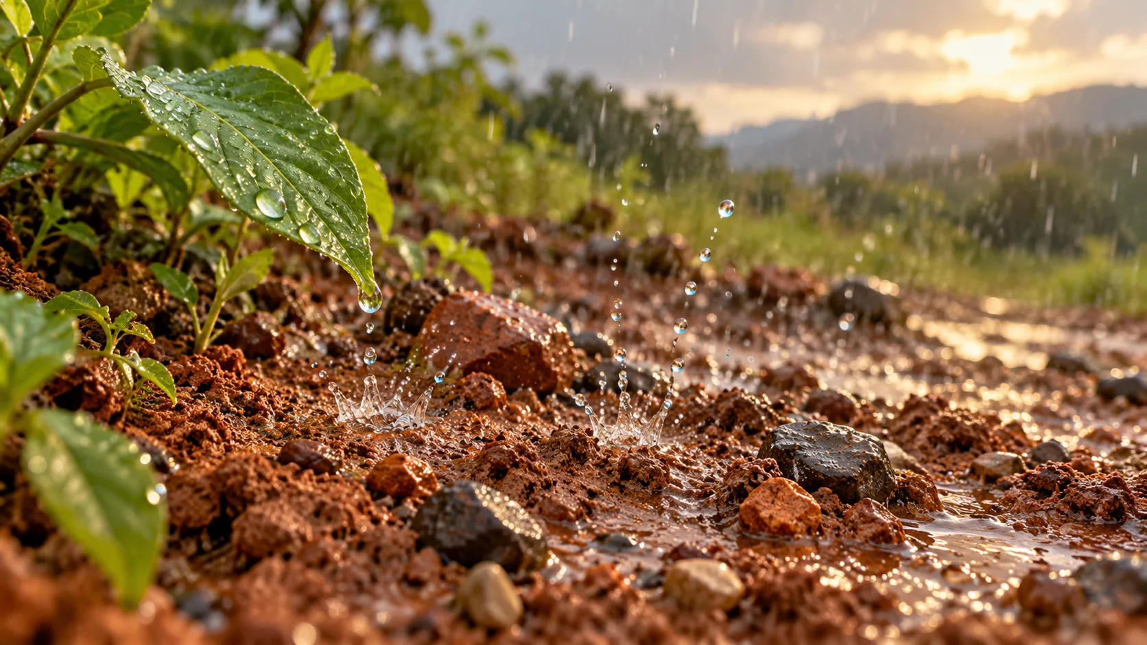 細雨滴落在帶石粒的褐色土壤與綠葉旁，地面濺起細小水滴