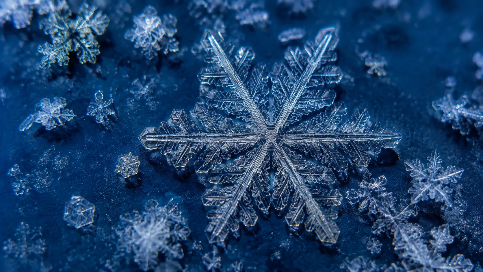 微距雪花呈現清楚六重對稱，背景散布不同形態的冰晶