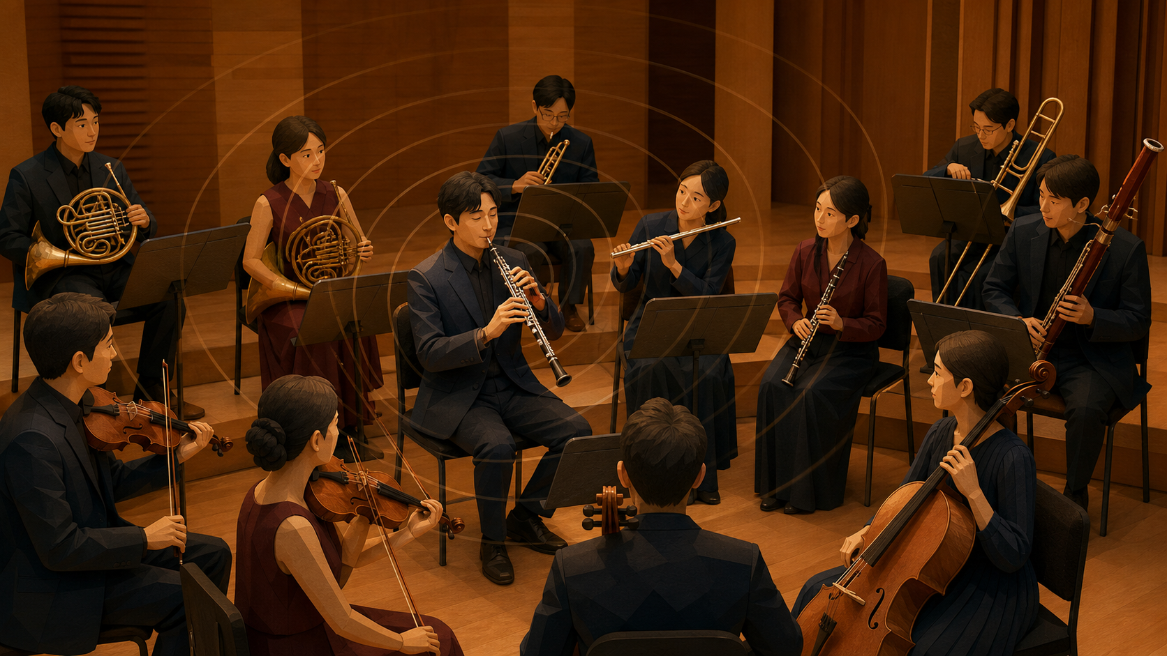 暖色音樂廳舞臺上，雙簧管首席吹奏定音長音，周圍弦樂與管樂演奏者專注校準樂器