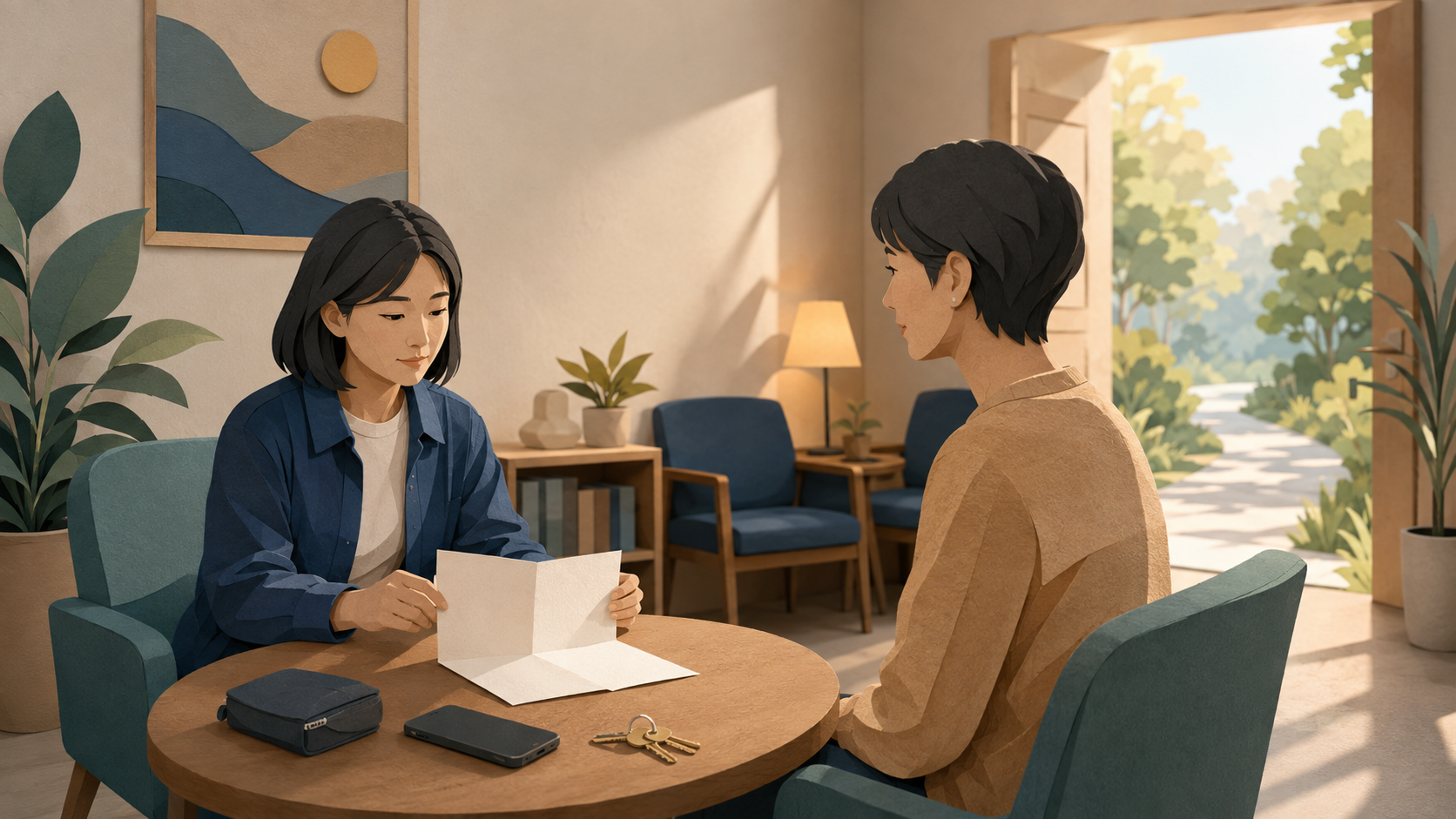 明亮安全的公共服務空間裡，一位成人與支持者檢視空白安全計畫，桌上放著手機、鑰匙與小袋