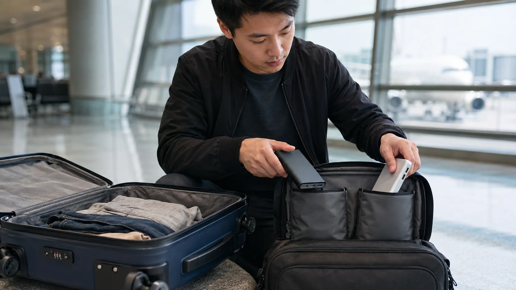 旅客在登機前把行動電源從託運箱取出，放進有端子保護的隨身袋
