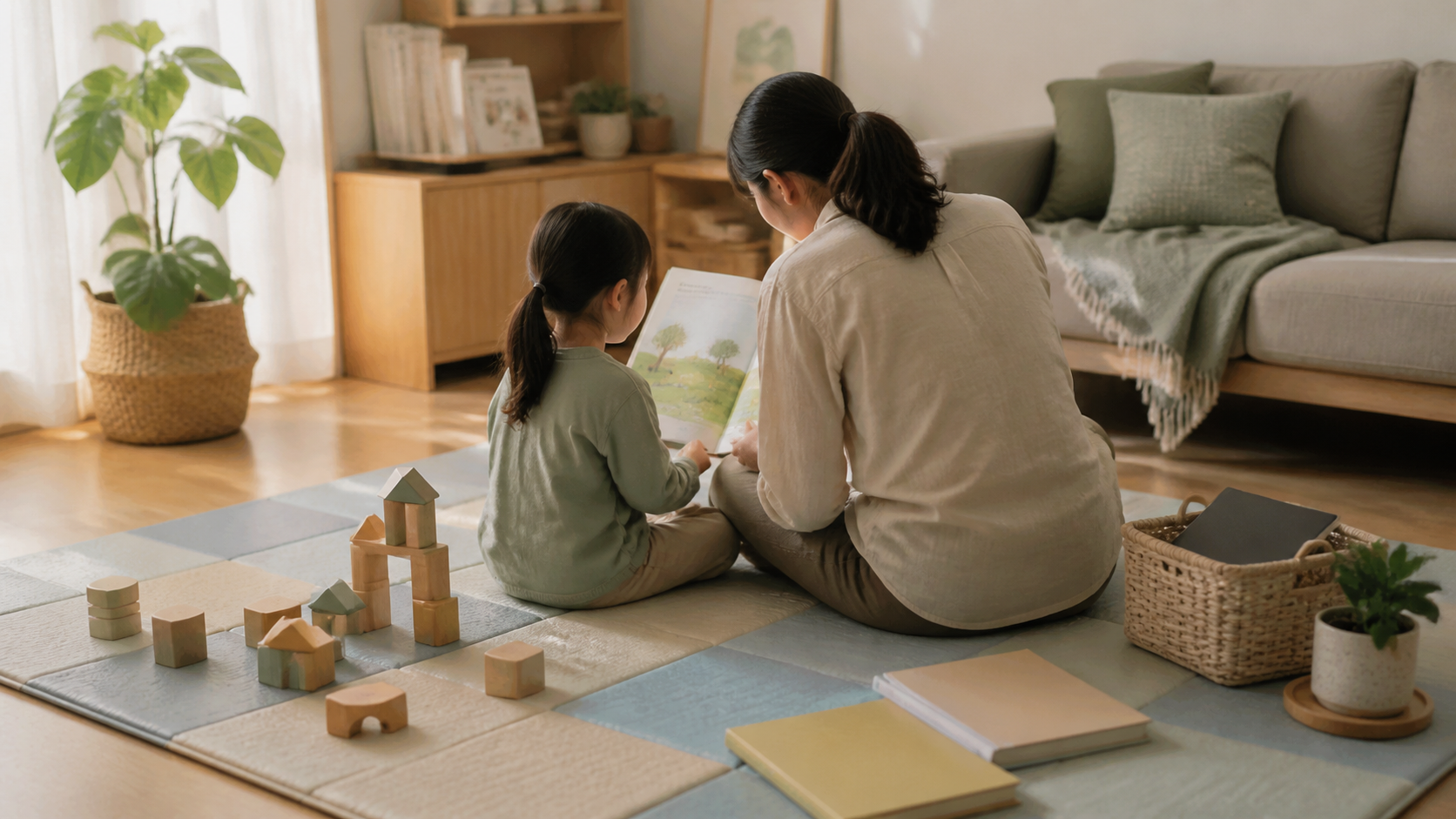 照顧者與學齡前孩子背對鏡頭坐在客廳共讀,旁有積木、無字繪本與收在籃中的無品牌平板