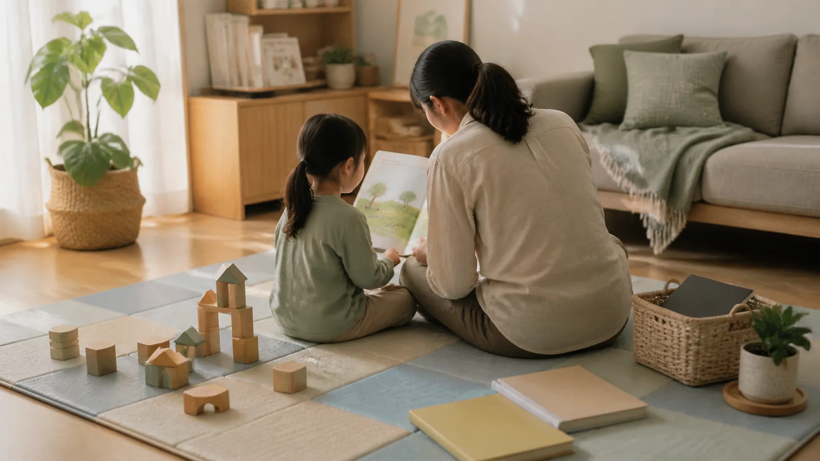 照顧者與學齡前孩子背對鏡頭坐在客廳共讀,旁有積木、無字繪本與收在籃中的無品牌平板