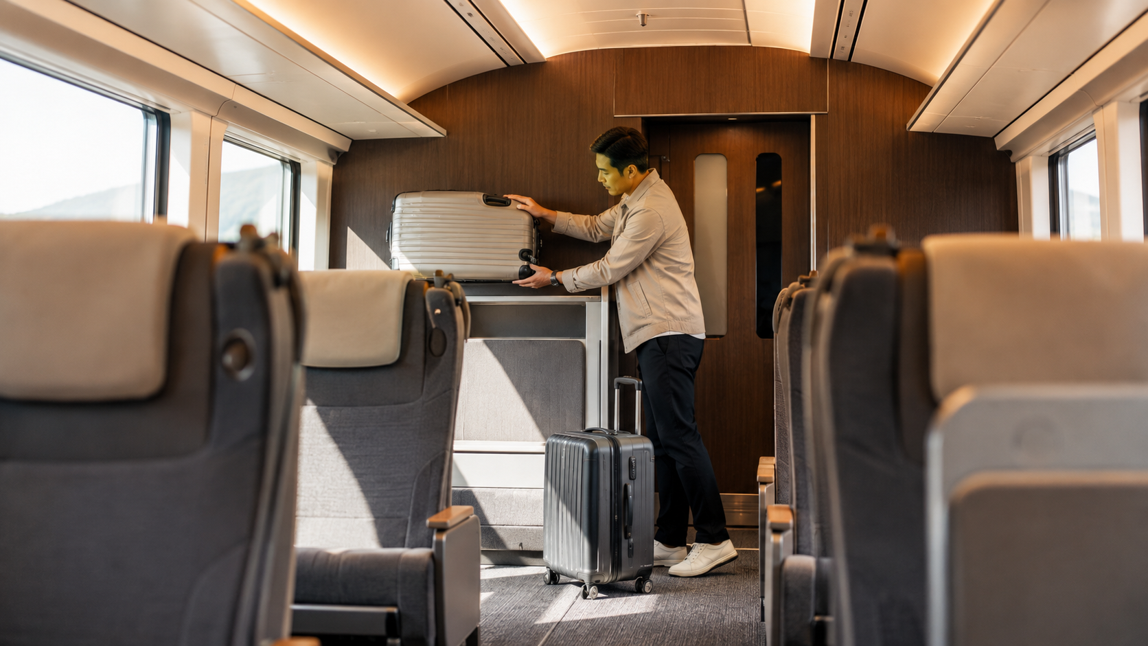 旅客在無品牌現代城際列車中把大型行李妥善放入末排座椅後方空間
