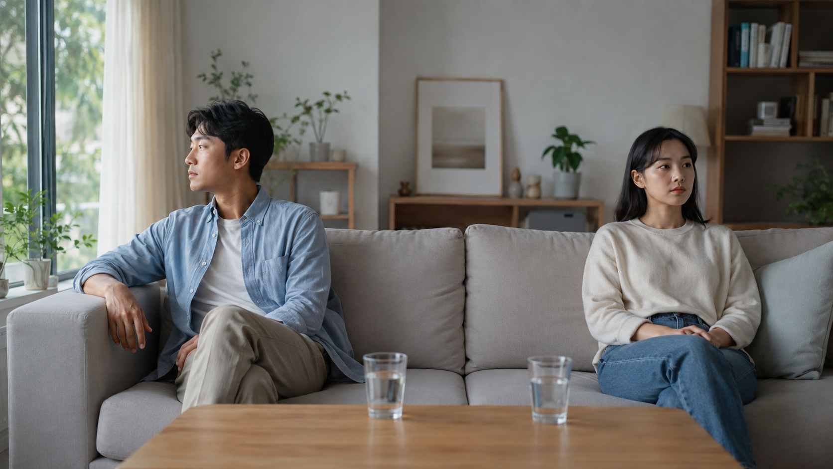 兩位成年伴侶在明亮客廳的沙發兩端安靜坐著，暫停爭執並各自恢復平靜