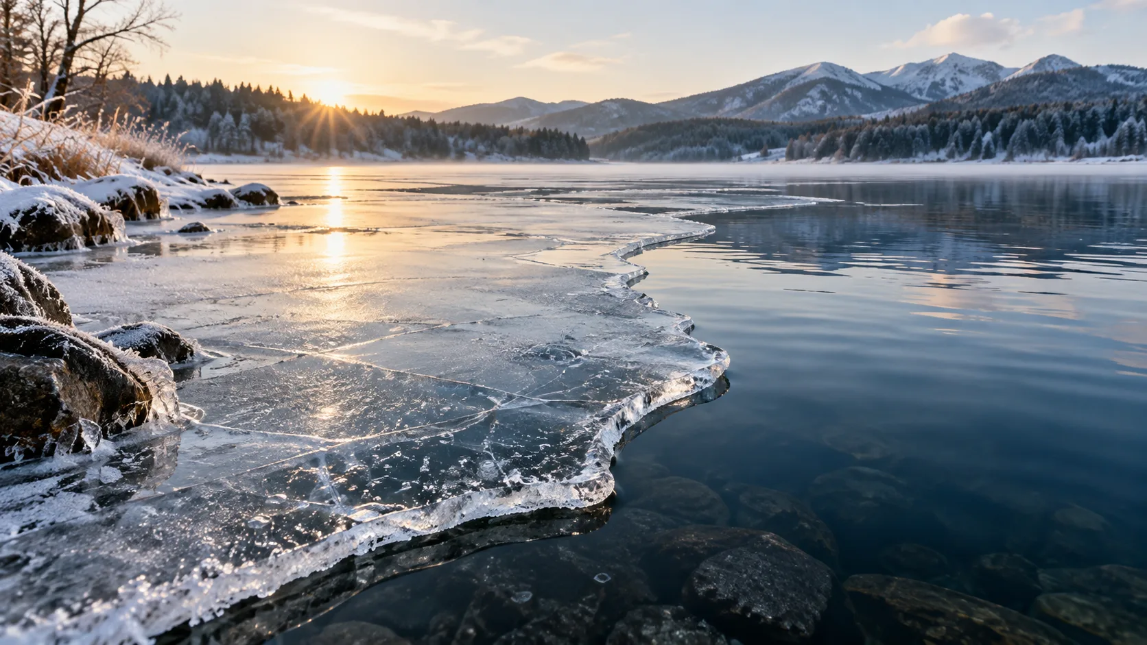 冬日淡水湖岸的薄冰浮在深色水面,冰緣與下方液態水清楚可見,為原創示意影像