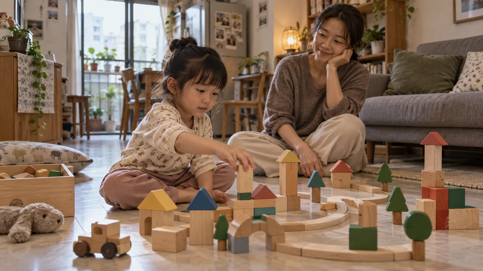 孩子在安全的室內空間使用簡單材料遊戲
