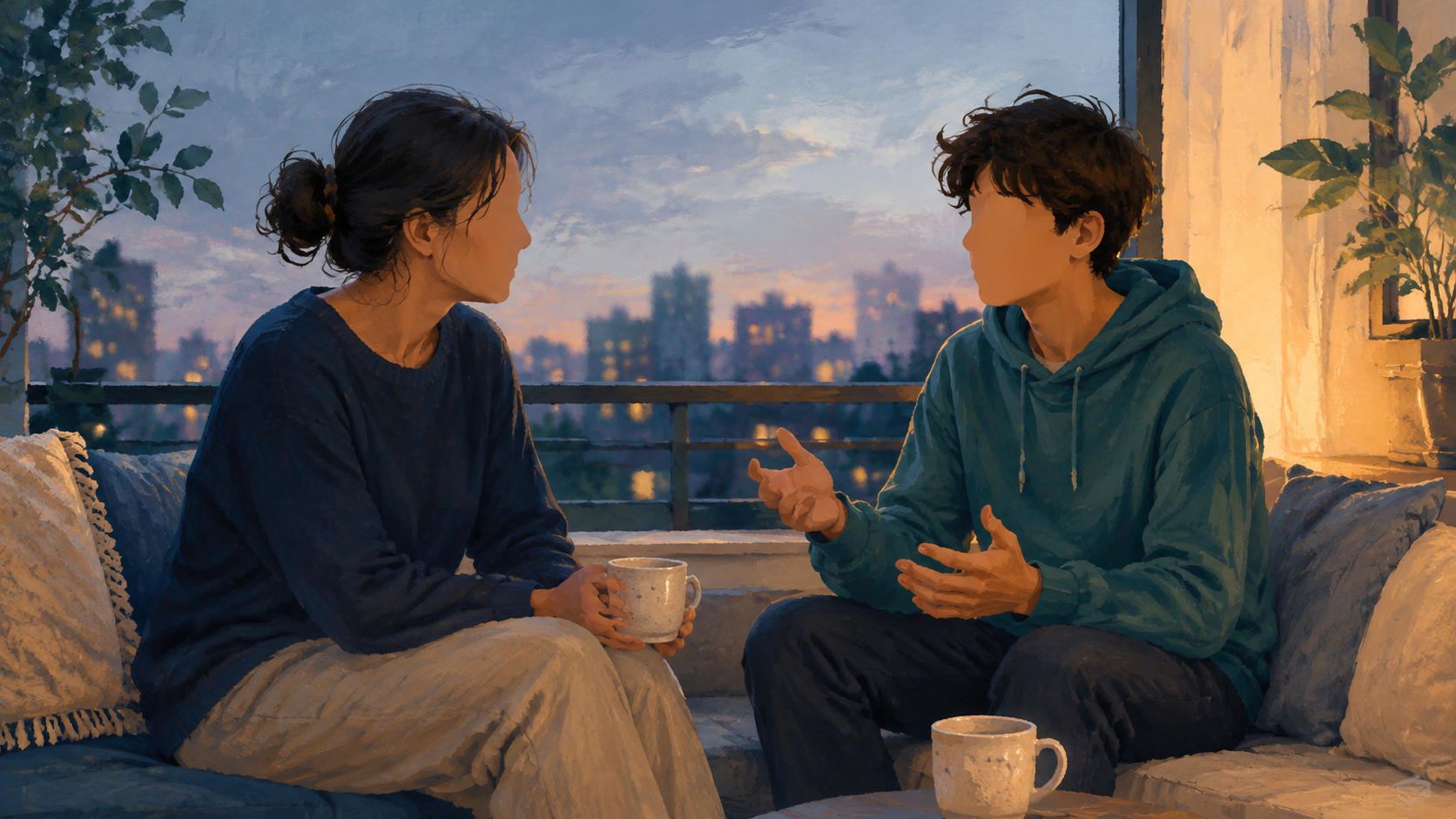 暖色室內燈光與藍色暮景交會的陽台座位,照顧者安靜聆聽青少年談話的原創插畫