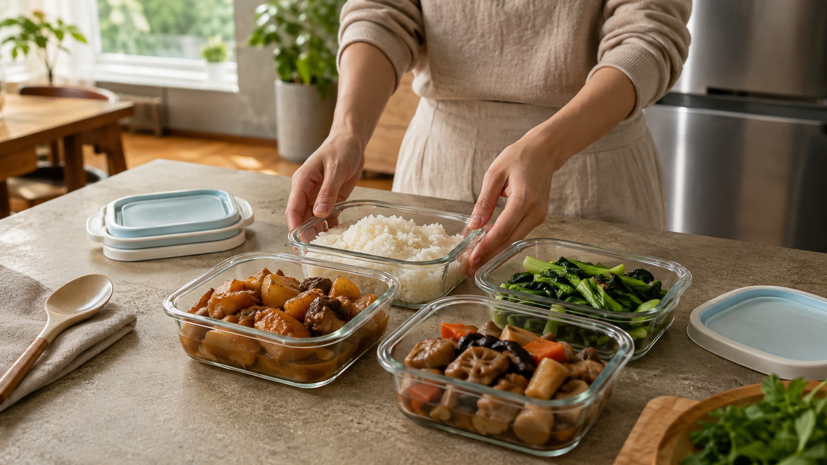 居家廚房內有人把白飯、蔬菜和燉煮食物分裝到數個無品牌淺型玻璃盒