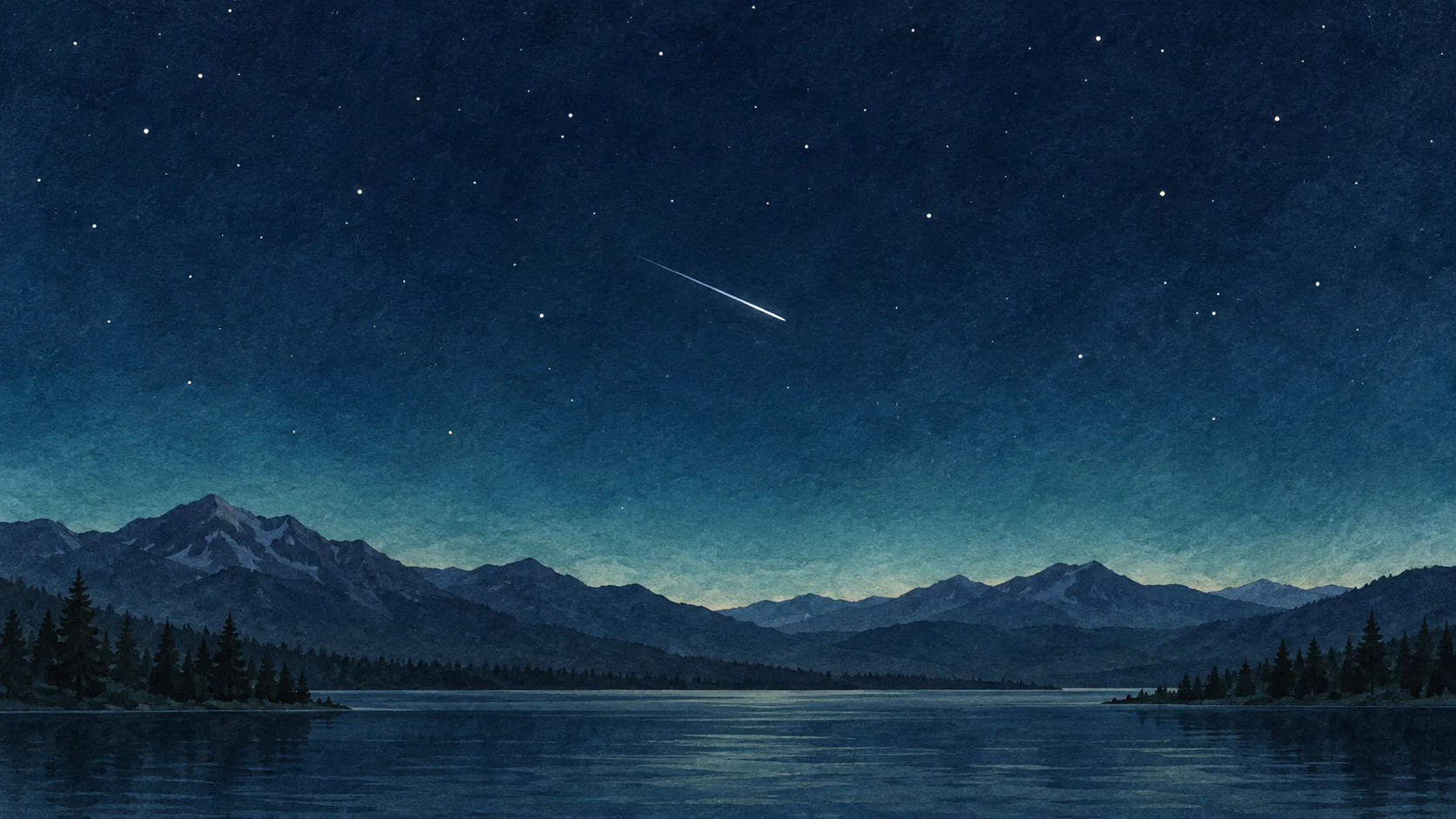 靛藍星空中一道細白流星光跡劃過，遠處山稜呈深色剪影的原創插畫
