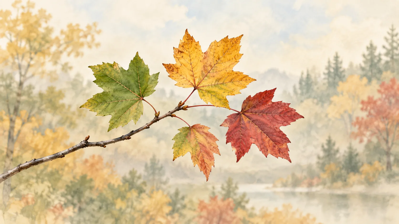 原創植物插畫：一段枝條上的綠色、金黃色與紅色葉片，背景為柔和的秋日林地