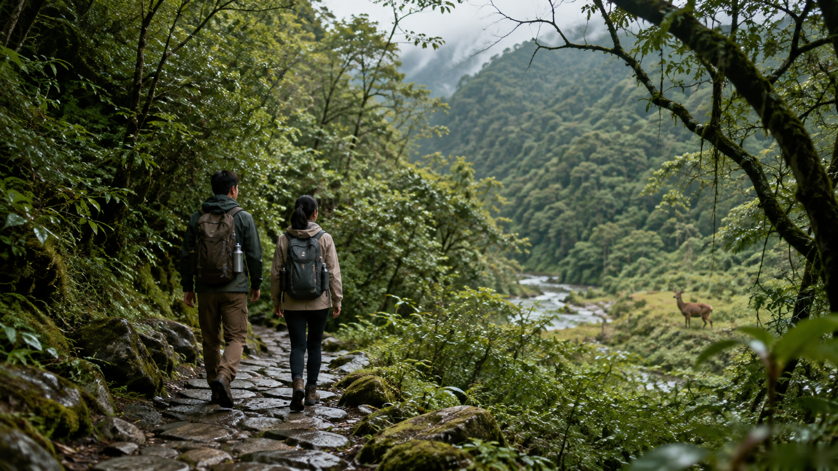 兩名旅人在臺灣濕潤森林的既有石徑前行，遠處野生鹿隻與旅人保持距離